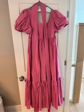 LoveShackFancy Doutzen Maxi Gown Powder Pink Silk Dress Size 12 Puff Sleeve